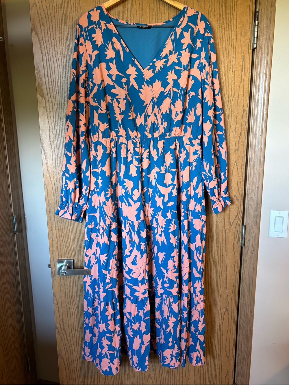 Floral V-Neck Long Sleeve Maxi Dress in Bright Blue and Peach